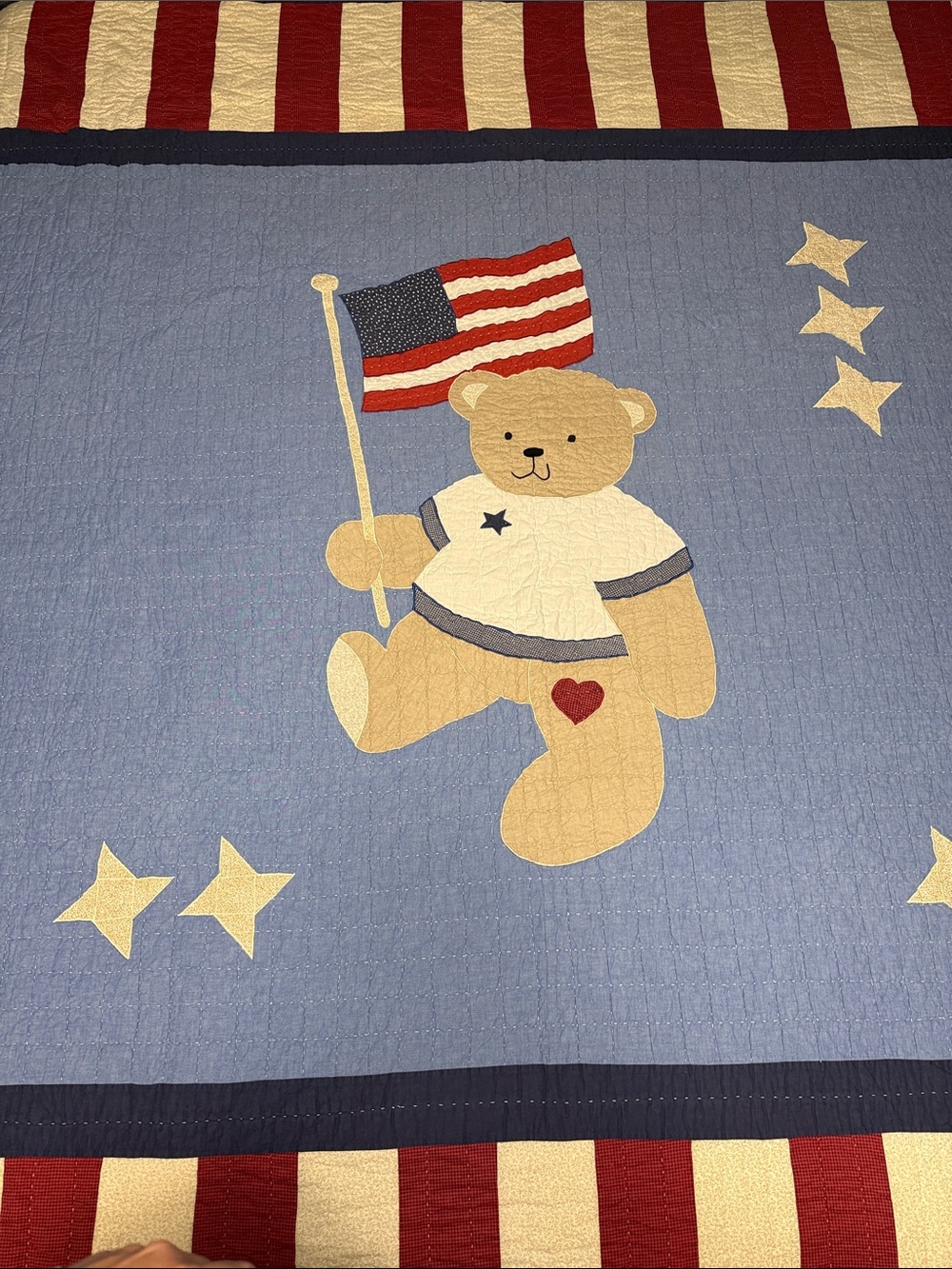 Patriotic Hand Stitched Teddy Bear Quilt in Blue & Red - Double Sided - King